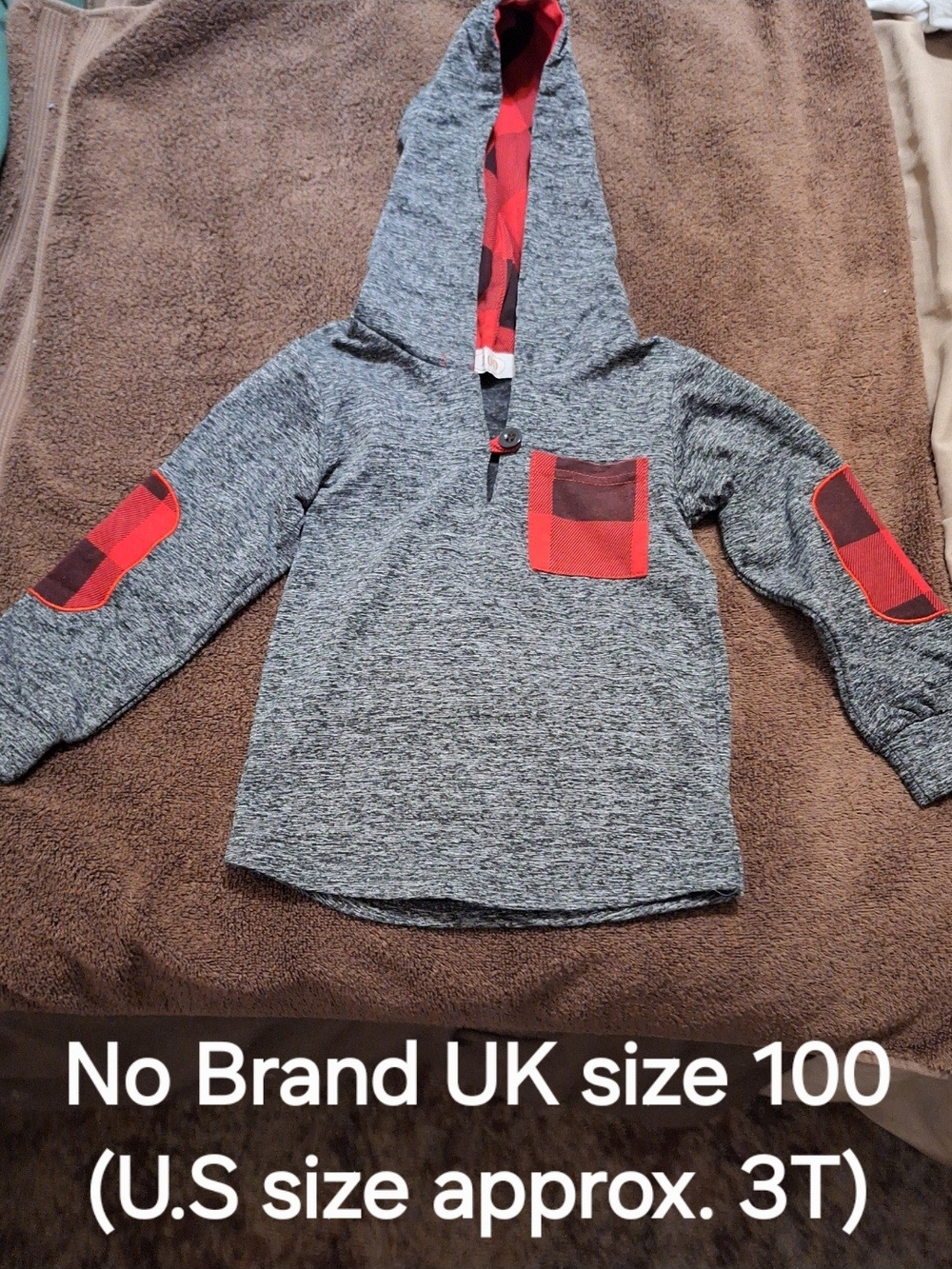 Toddler Gray Hoodie with Red Plaid Accents